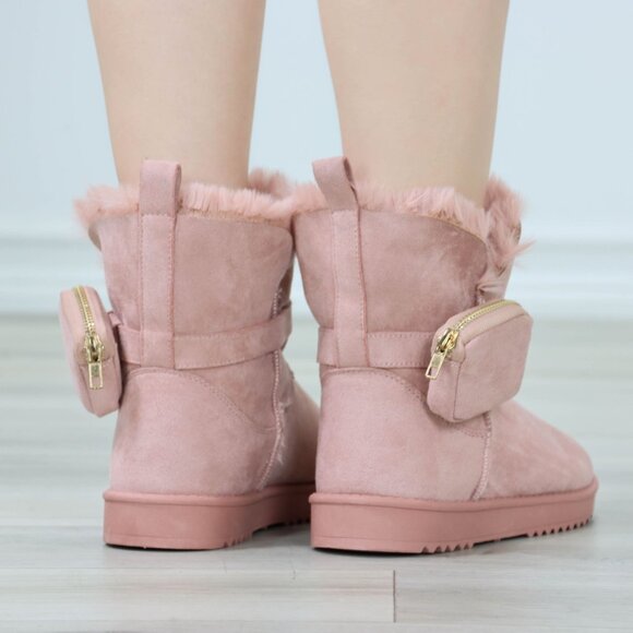 Womens Warm Fuzzy Ankle Booties Super Cozy Fully Lined Faux Pink Suede Pocket - Picture 12 of 14